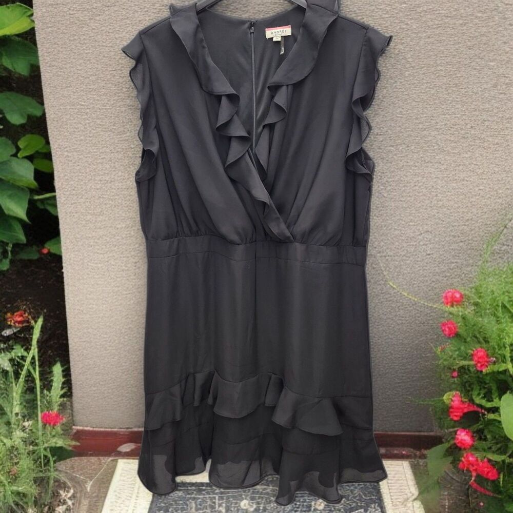 Andree By Unit Tiered Ruffle Dress Womens 3X Black V-Neck Back Zip Whimsigoth